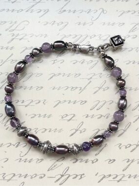 Sterling Silver & Purple Pearl, Amethyst Beaded Charm Bracelet